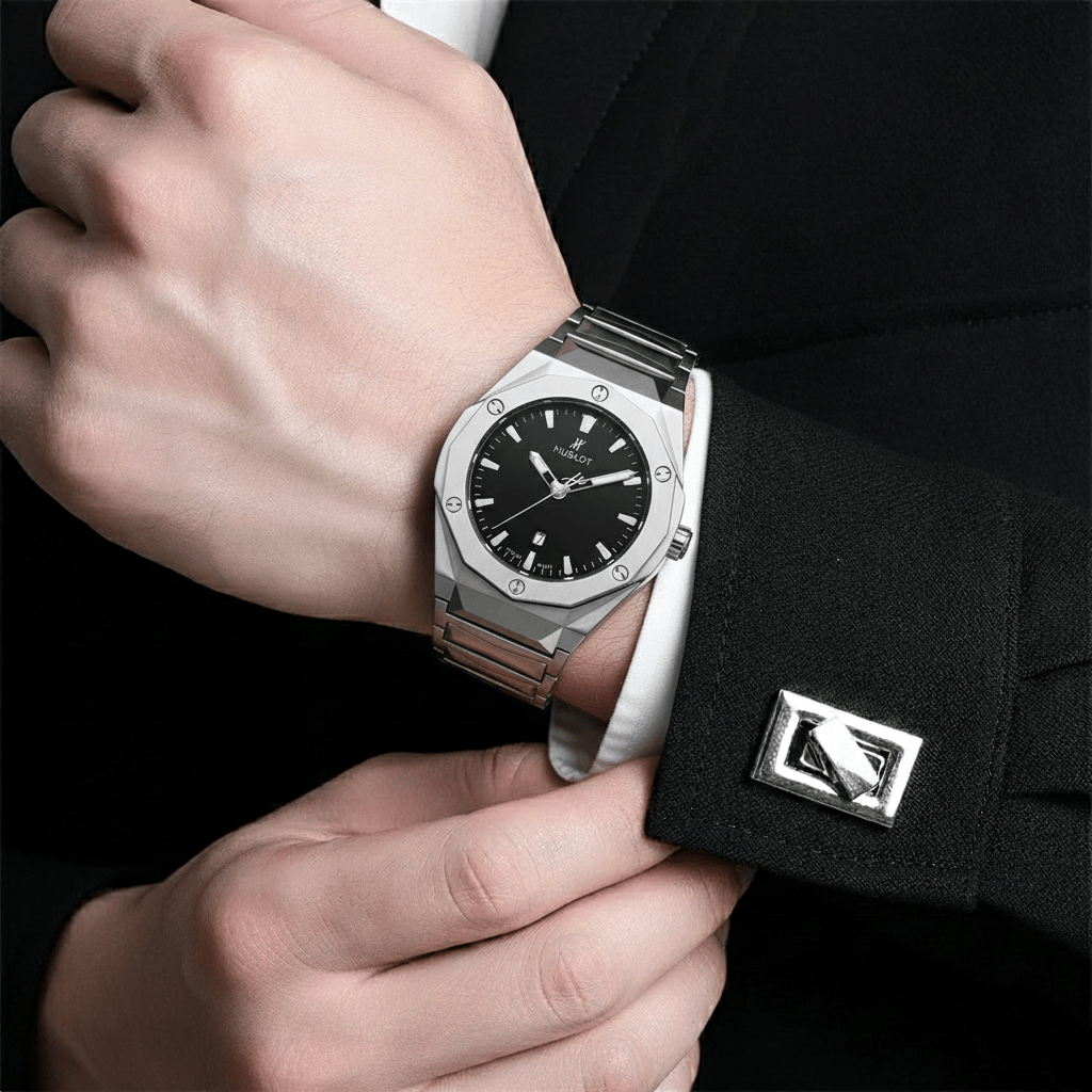 Elegant Sweep-Movement Men’s Quartz Watch HBLT 185 Silver Black